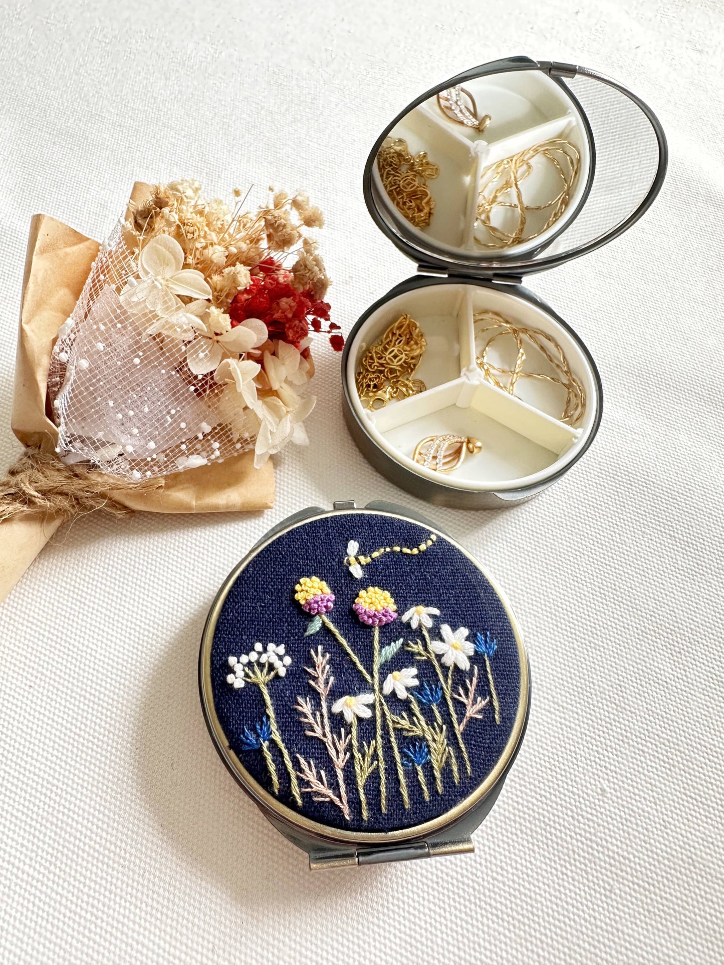 Floral Embroidered Round Jewelry Box