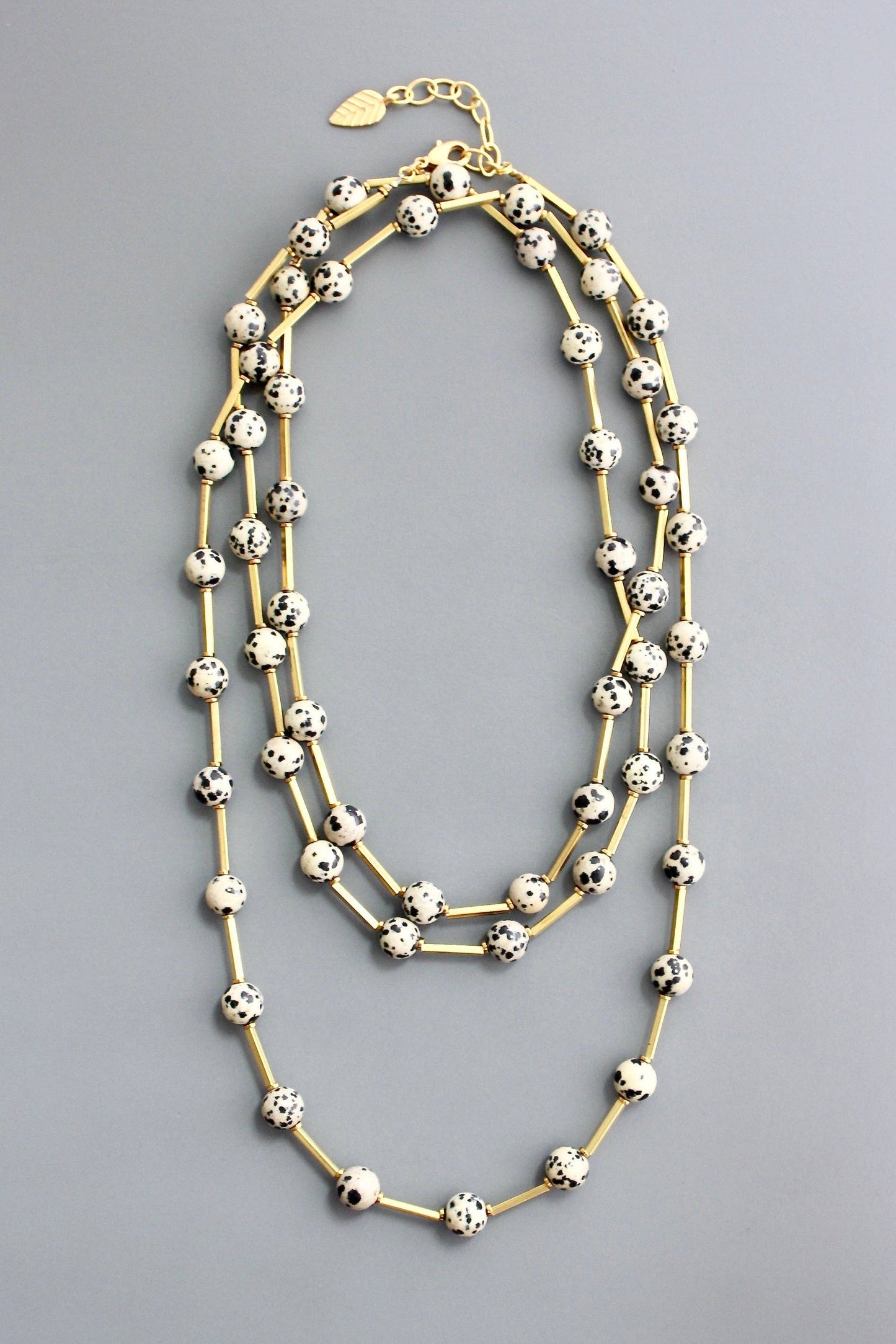HYL160 Dalmatian jasper and brass necklace
