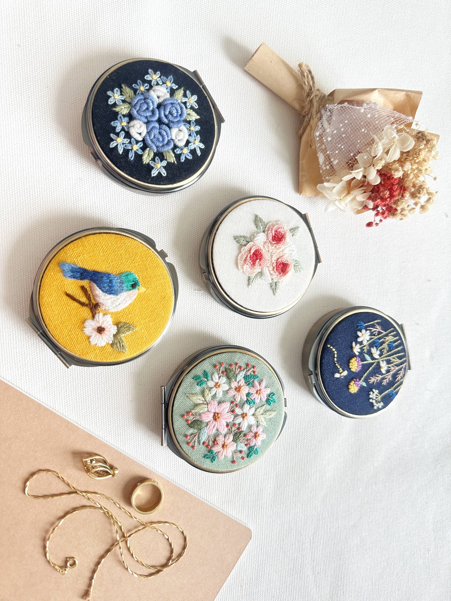 Floral Embroidered Round Jewelry Box