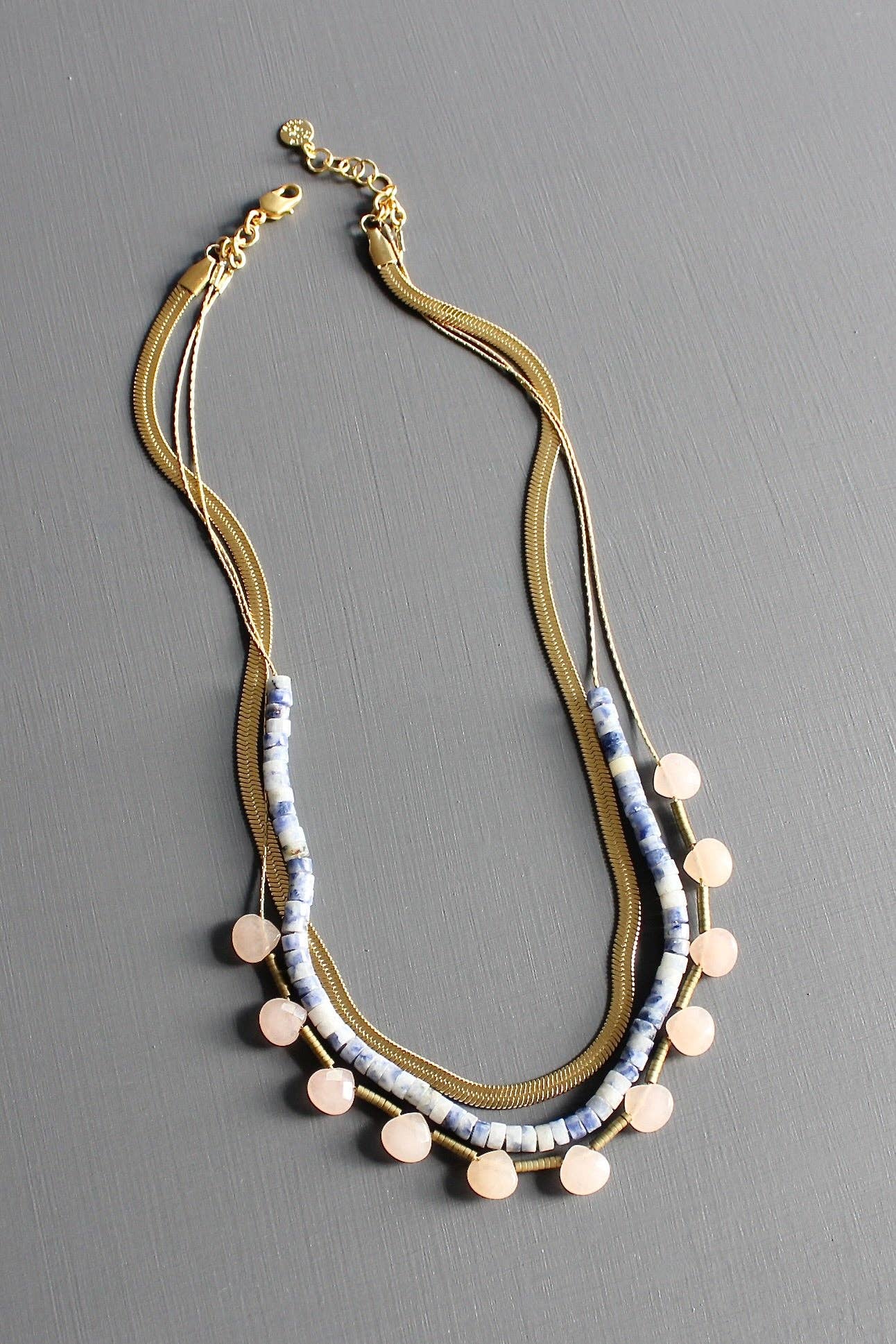 KYL116 herringbone, sodalite, and peach necklace