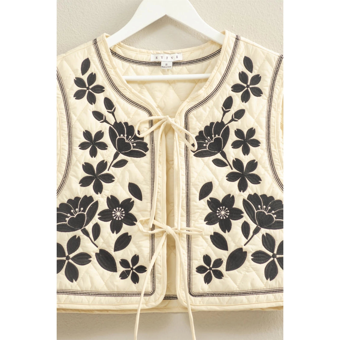 Floral Embroidered Quilted Vest with Tie Front