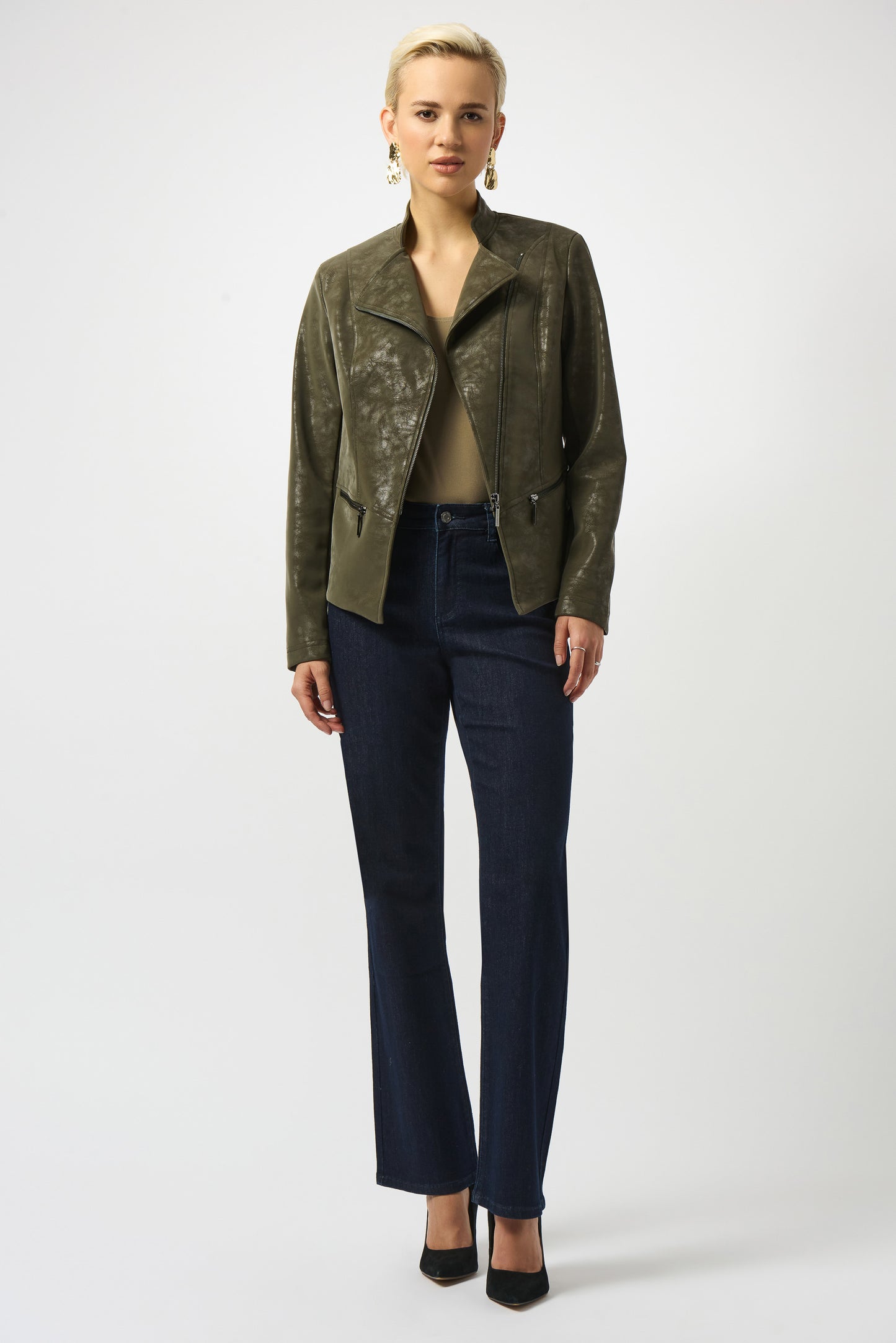 Foiled Faux Suede Fitted Moto Jacket