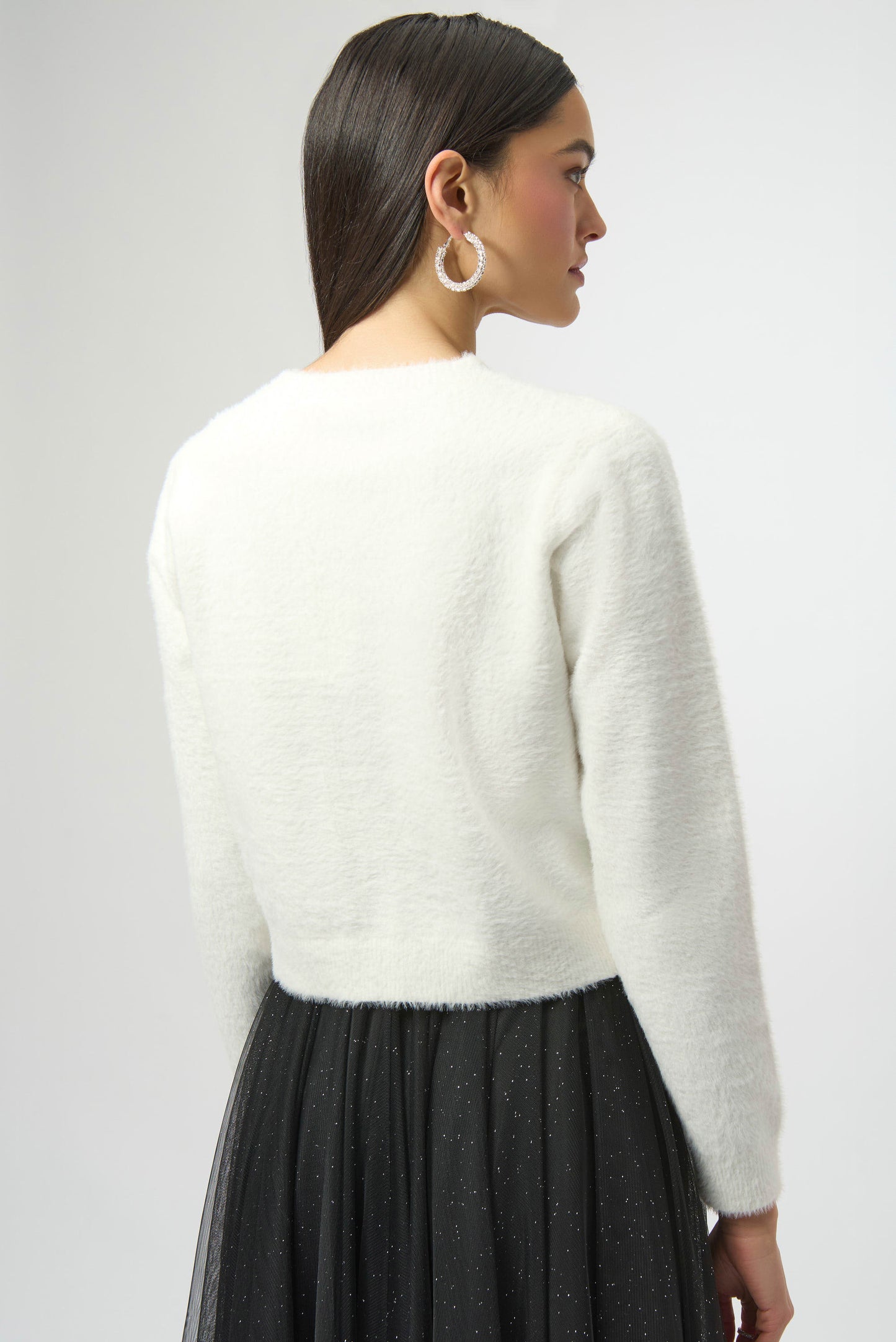 Feather Yarn Cardigan with Rhinestone Bow