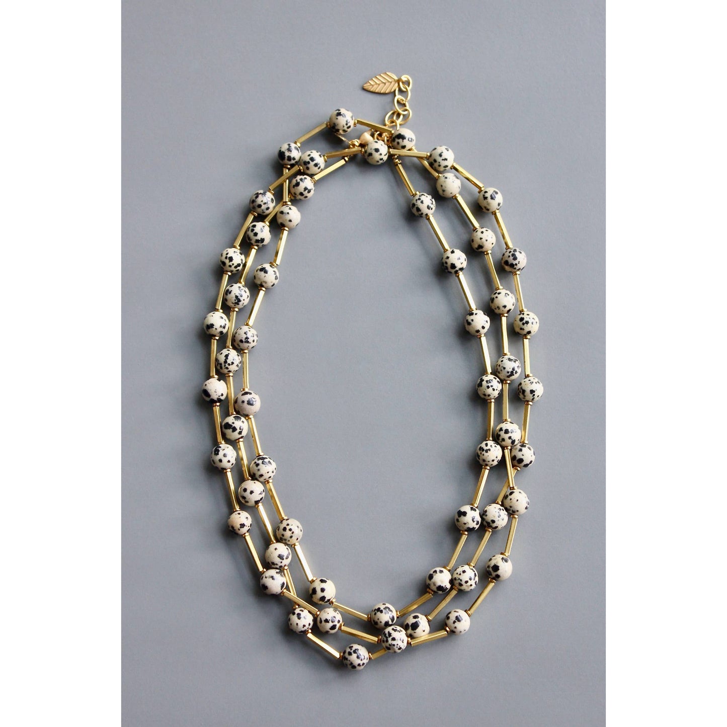 HYL160 Dalmatian jasper and brass necklace