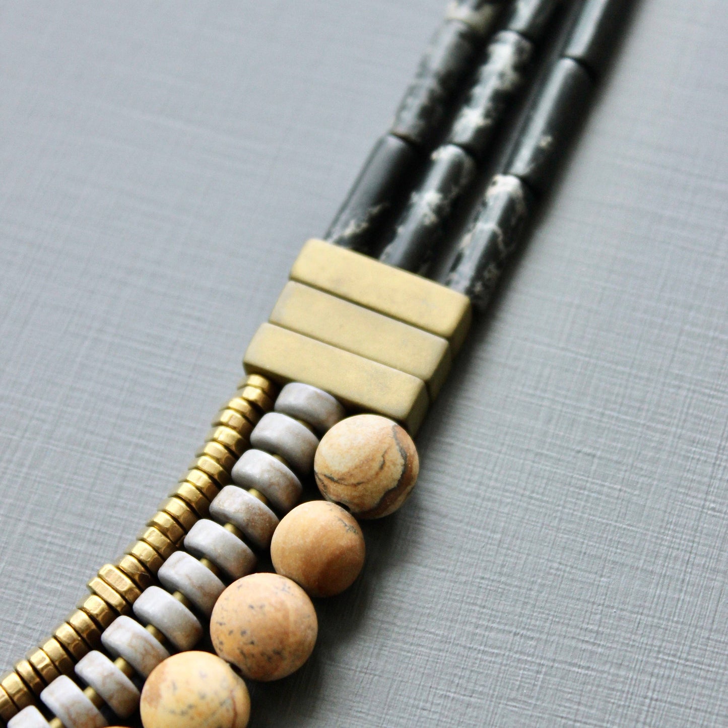 Triple Strand Black and Gray Beaded Necklace
