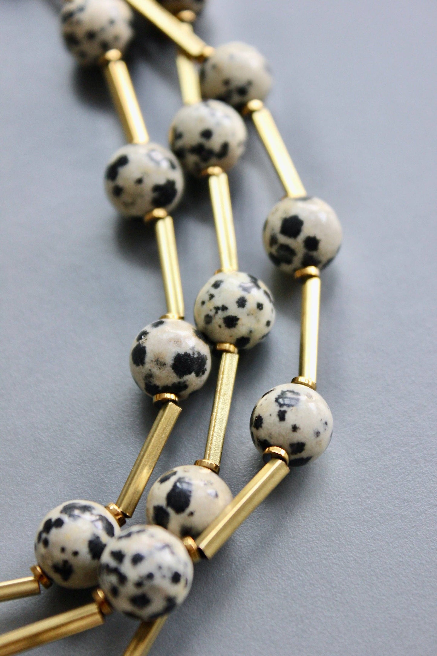 HYL160 Dalmatian jasper and brass necklace