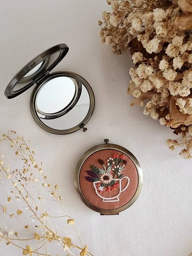Floral Embroidered Compact Mirror
