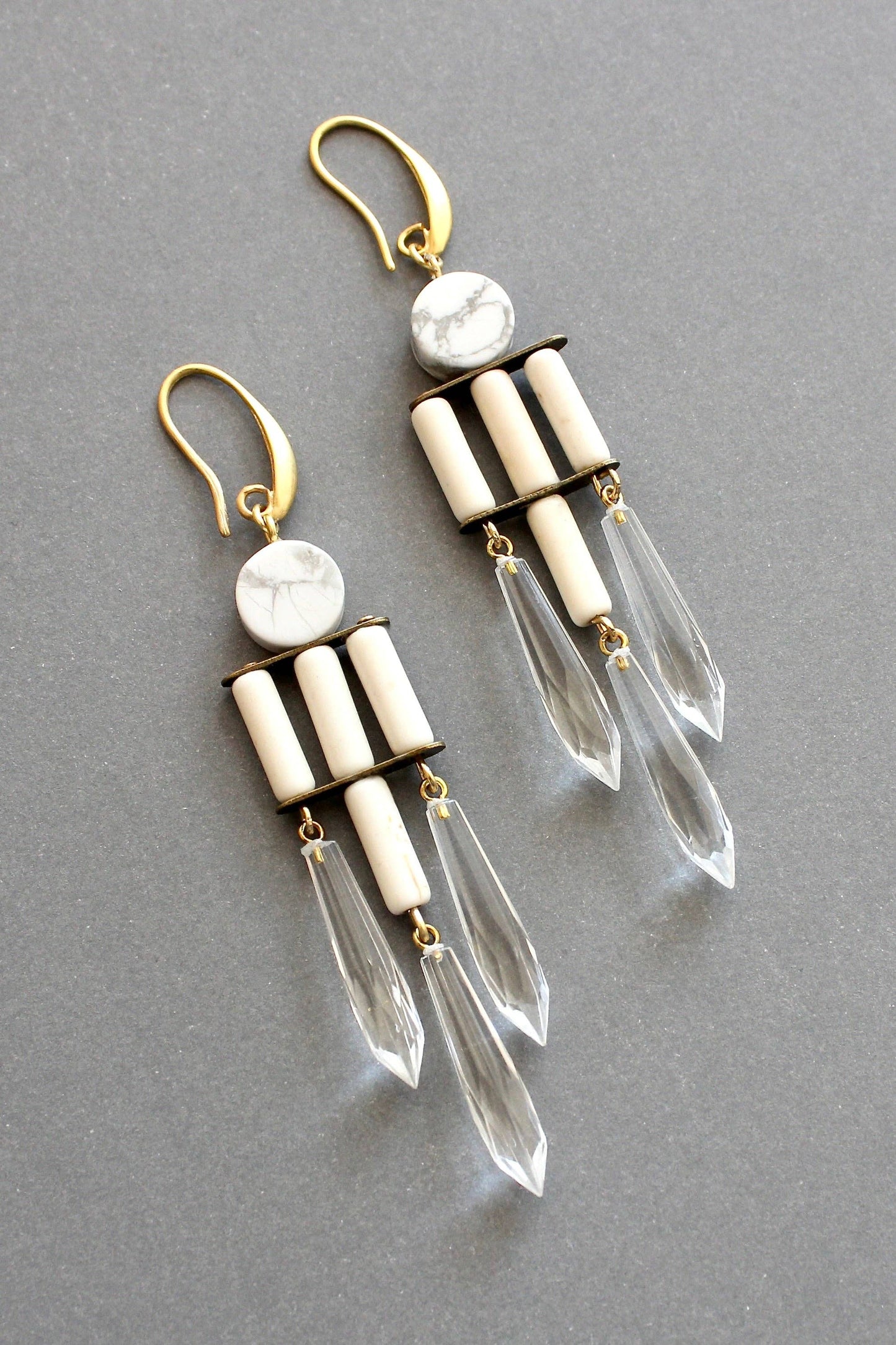 White and Crystal Geometric Dangle Earrings