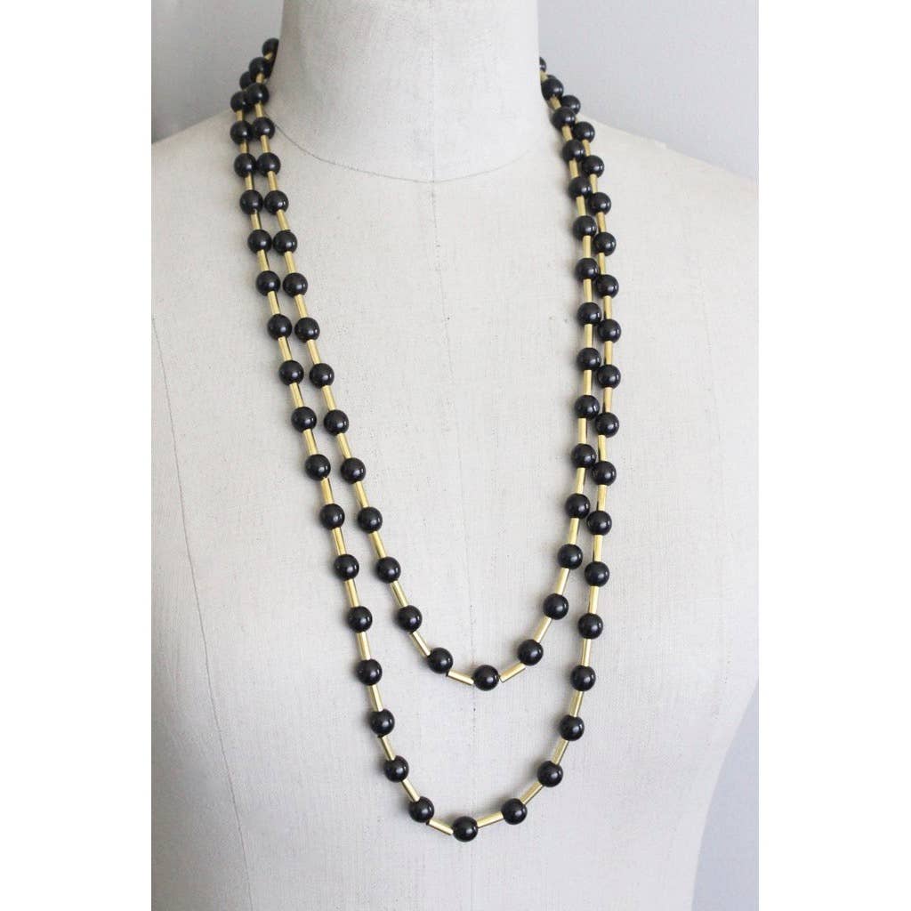 TLD160 Black glass and brass wrap necklace