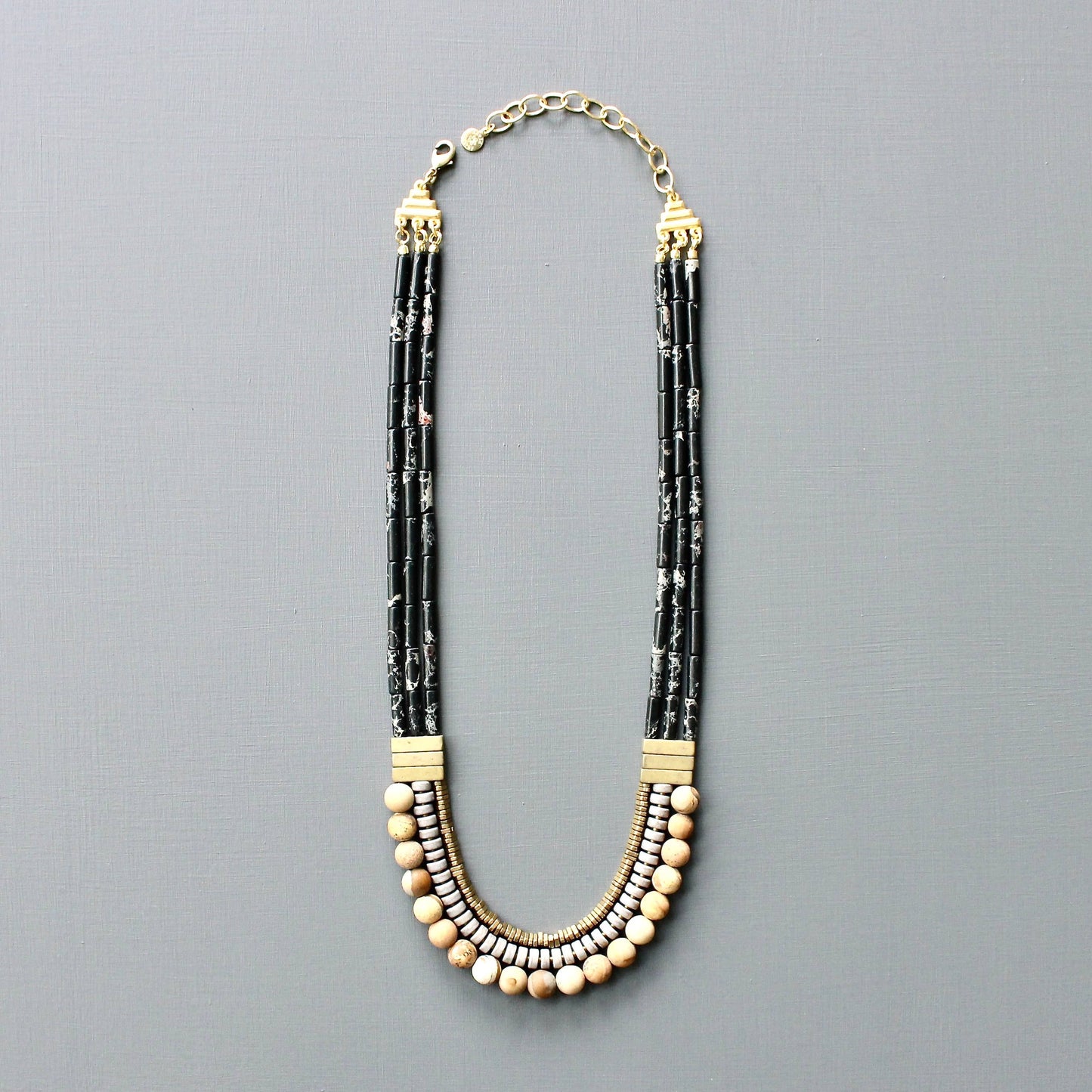 Triple Strand Black and Gray Beaded Necklace