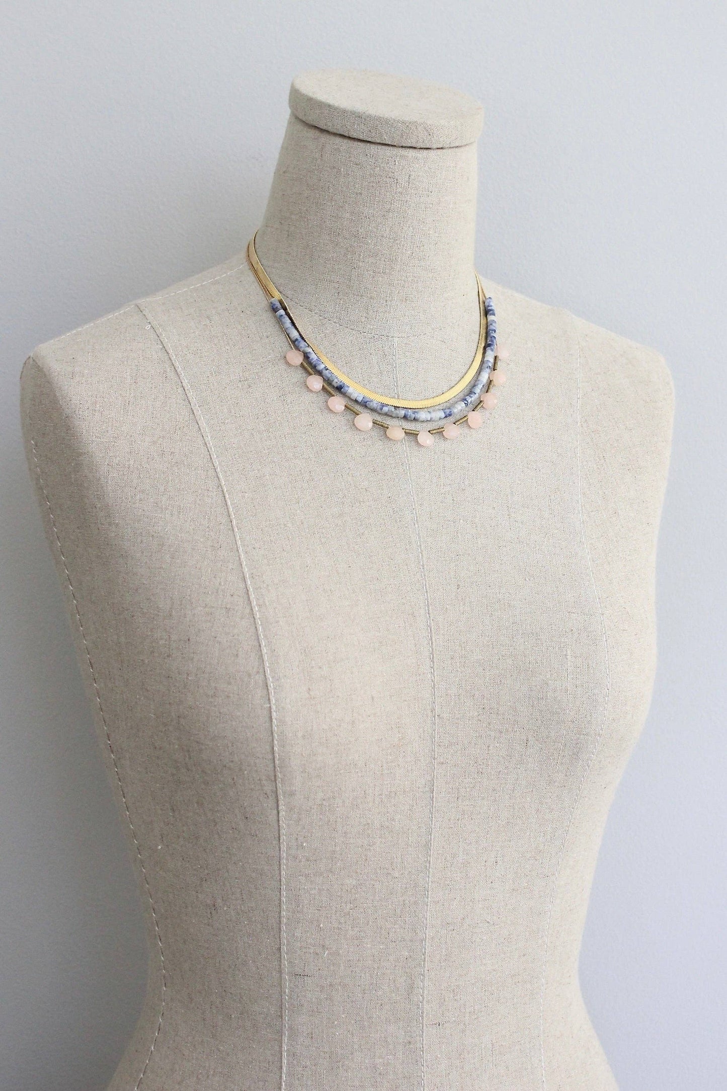 KYL116 herringbone, sodalite, and peach necklace