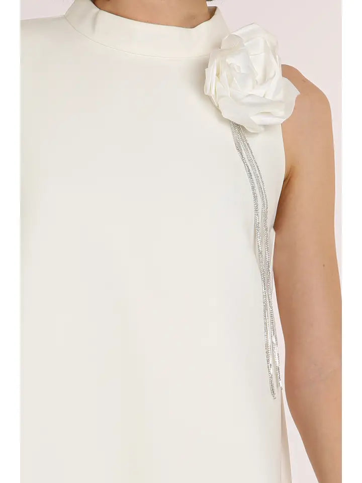 Satin Tasseled Floral Corsage A-Line Mini Dress