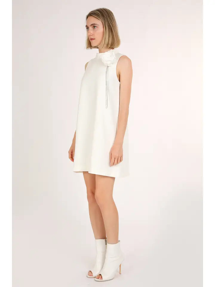 Satin Tasseled Floral Corsage A-Line Mini Dress