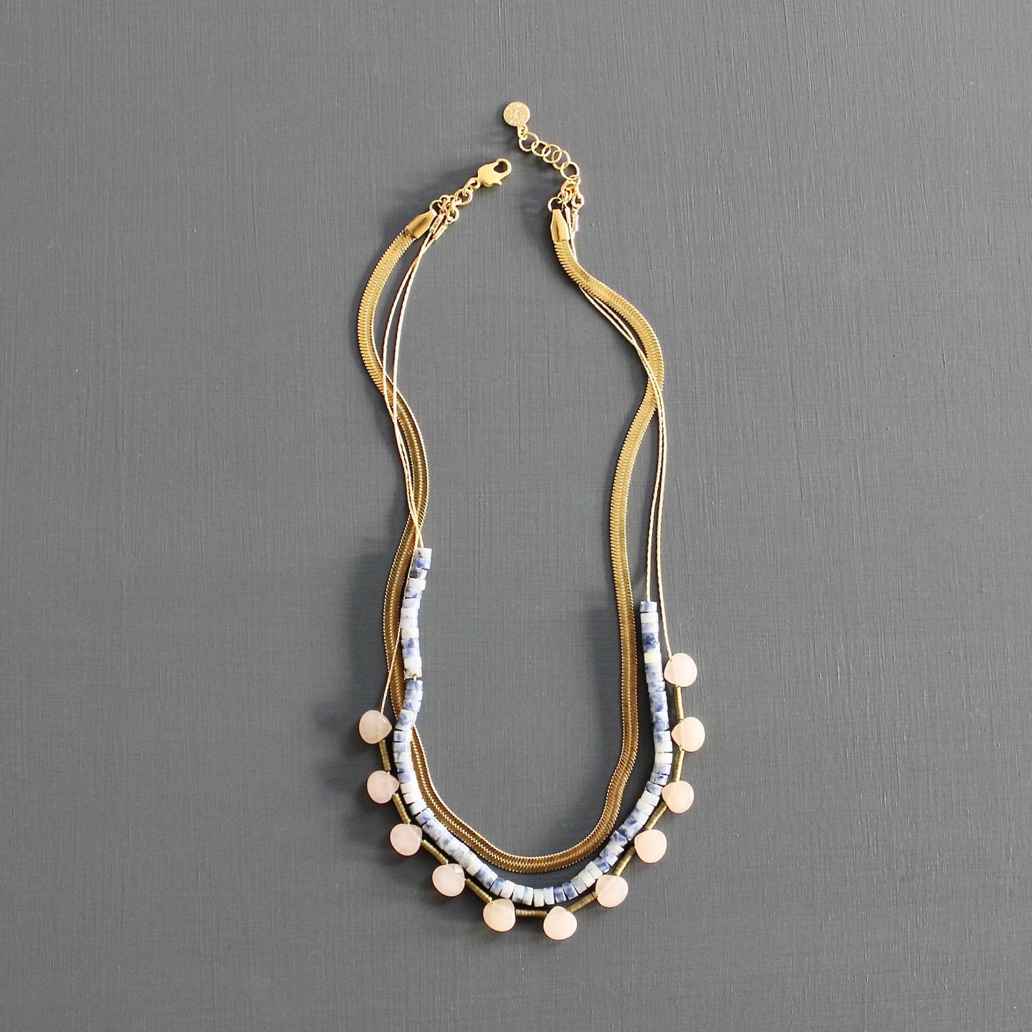 KYL116 herringbone, sodalite, and peach necklace