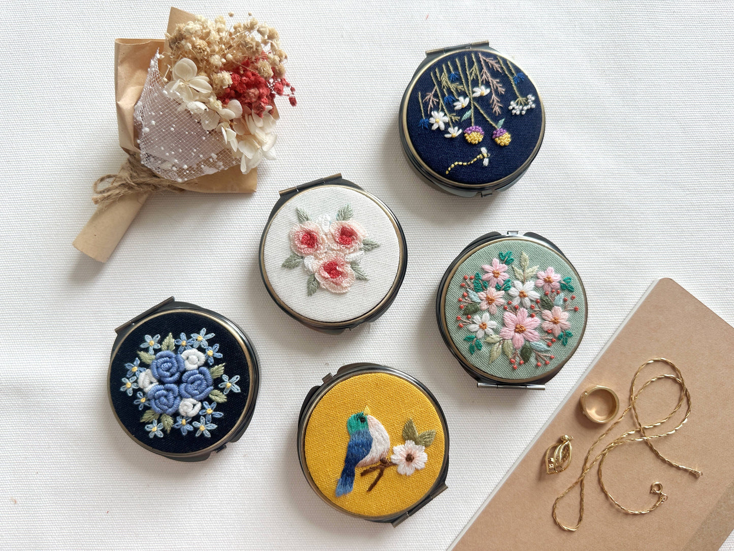 Floral Embroidered Round Jewelry Box