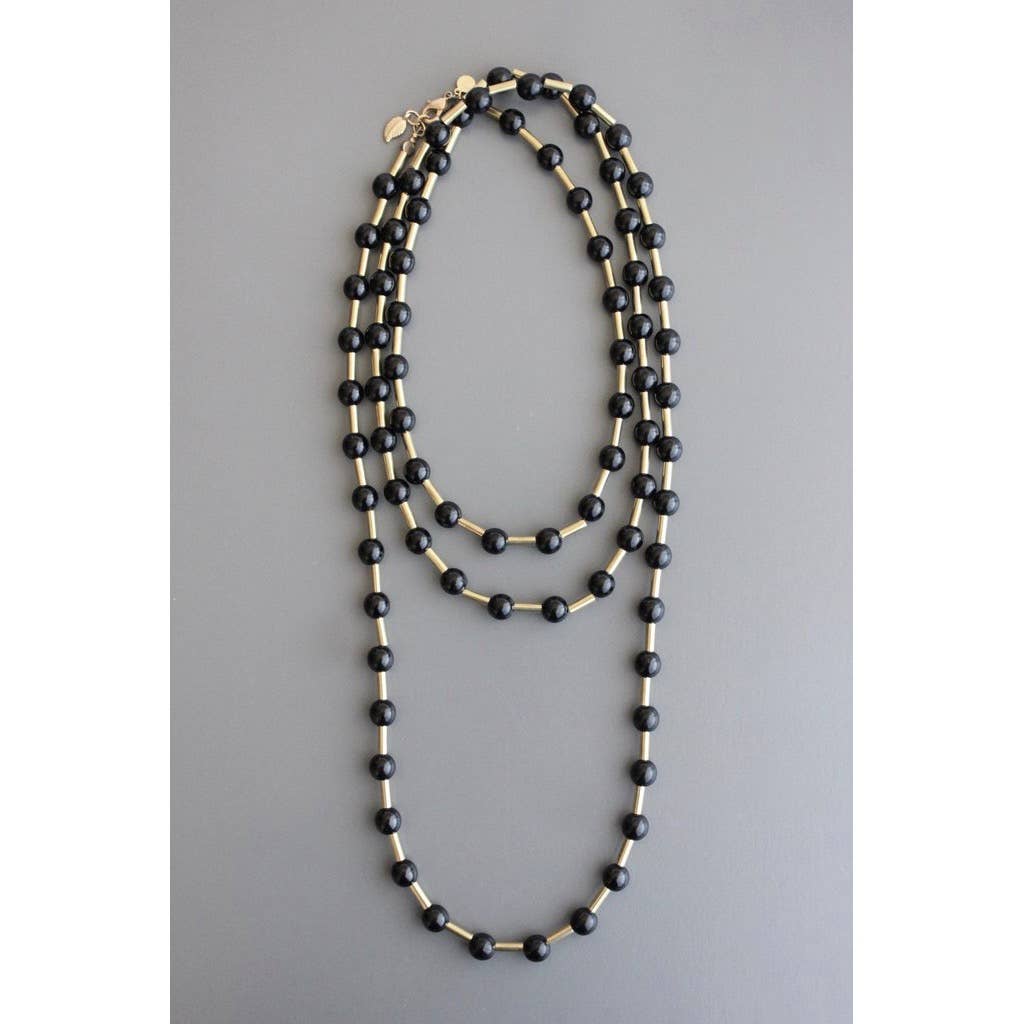 TLD160 Black glass and brass wrap necklace