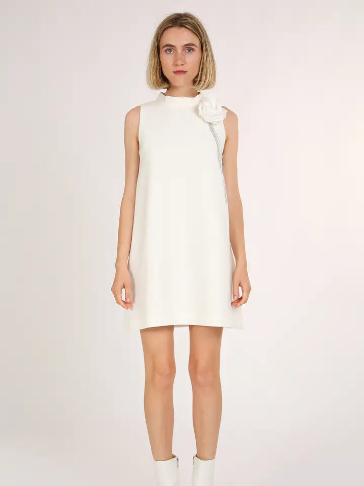 Satin Tasseled Floral Corsage A-Line Mini Dress