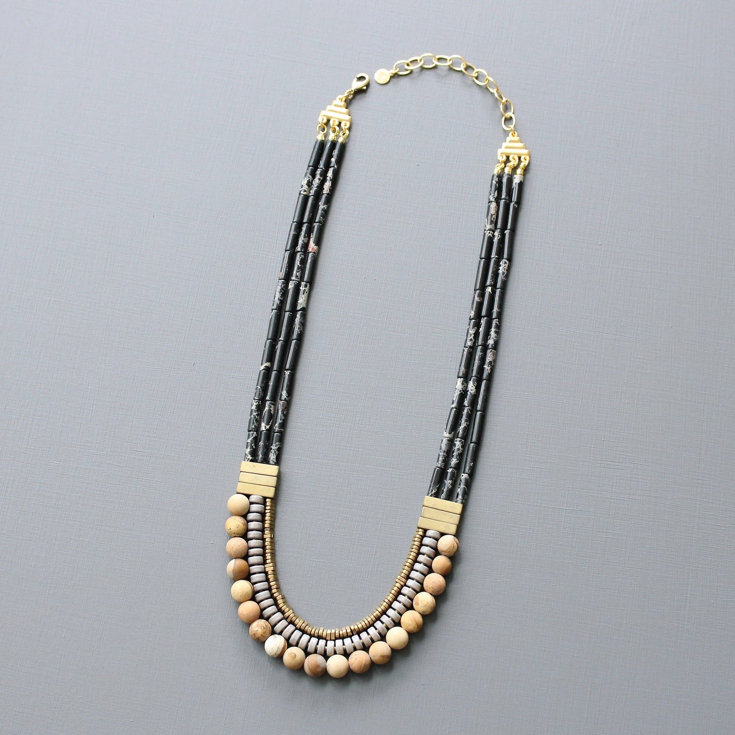 Triple Strand Black and Gray Beaded Necklace