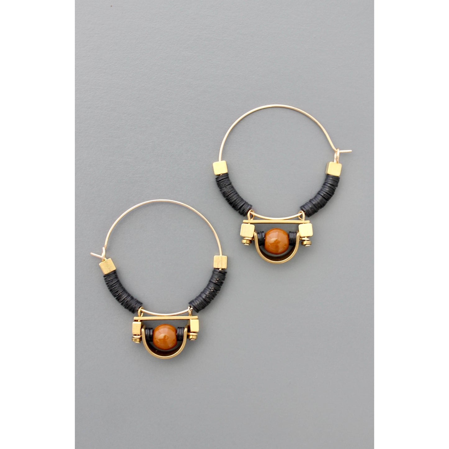 FERE24 Art Deco Black and Brown Hoop Earrings