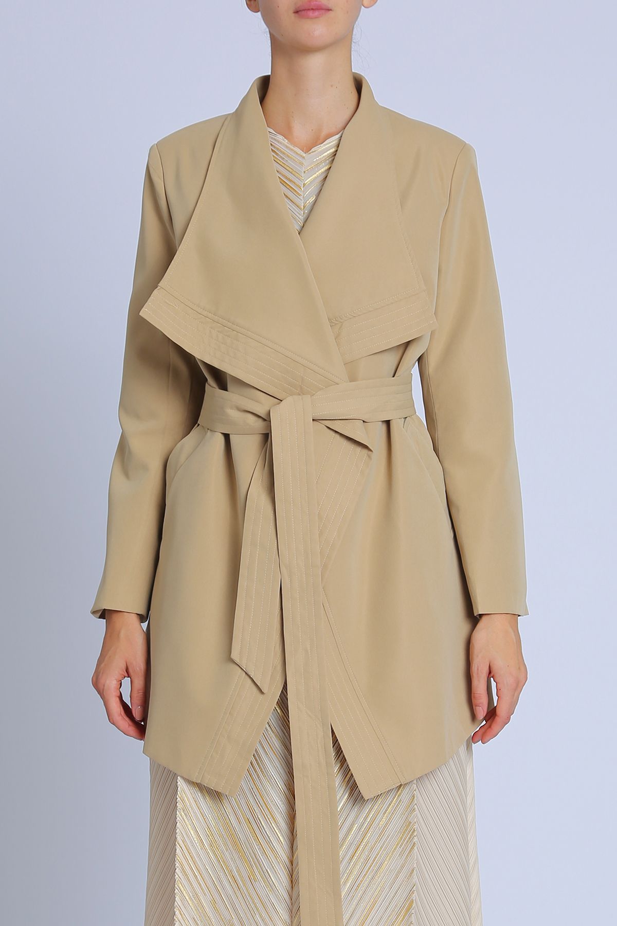 V-Neck Wrap Belted Waterfall Trench Coat