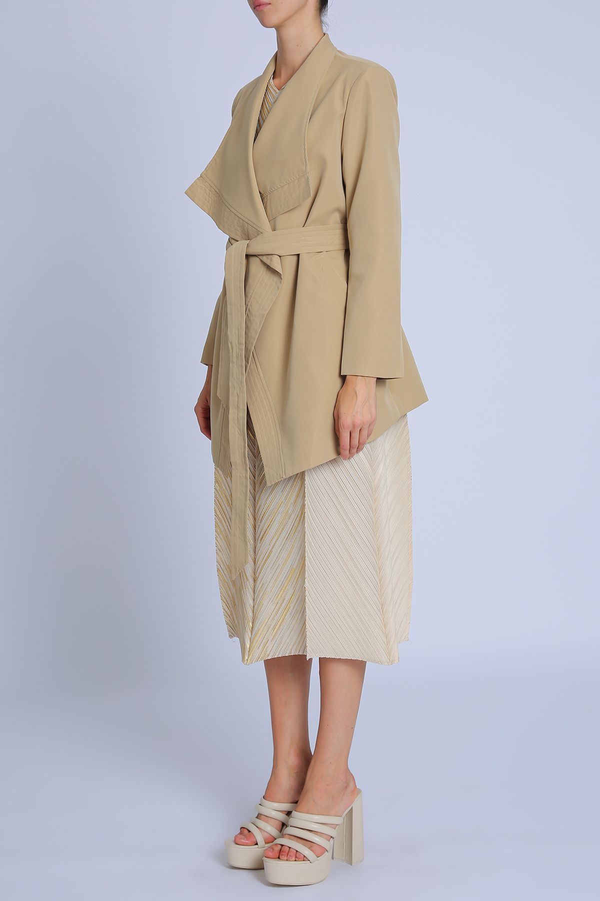 V-Neck Wrap Belted Waterfall Trench Coat