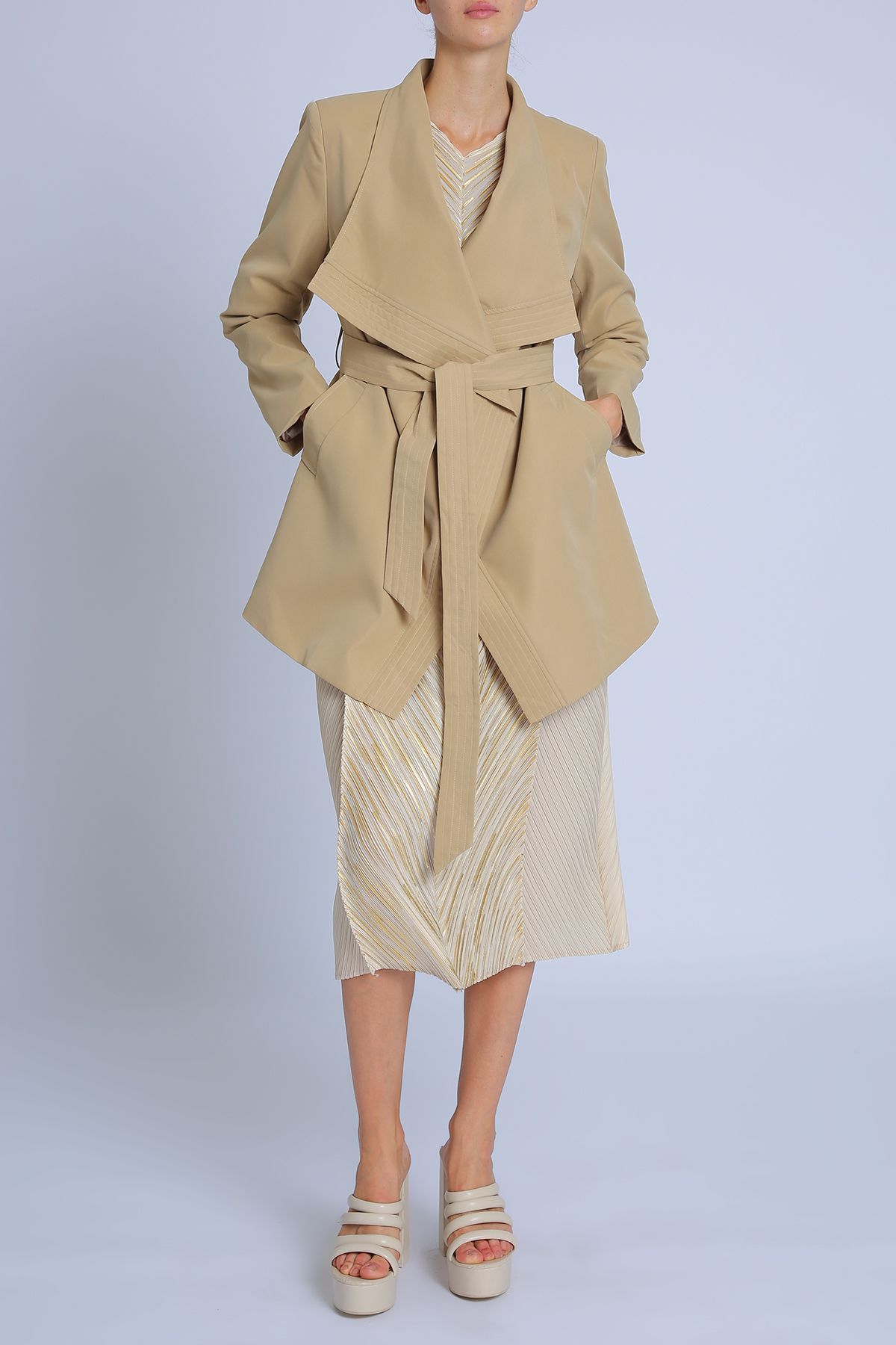 V-Neck Wrap Belted Waterfall Trench Coat
