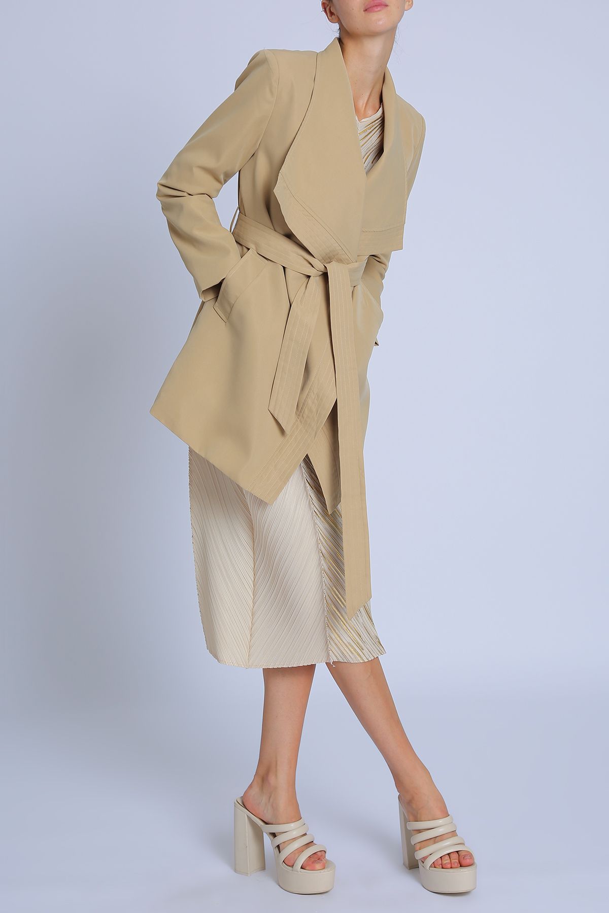 V-Neck Wrap Belted Waterfall Trench Coat
