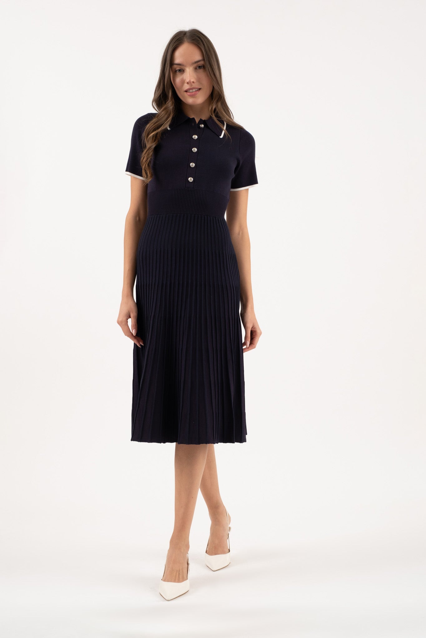 Collar Short Sleeve Pleated Dress