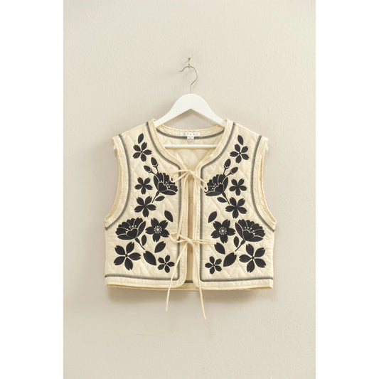 Floral Embroidered Quilted Vest with Tie Front