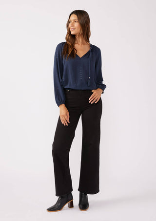 Sequin Long Sleeve Tassel Tie Neck Blouse