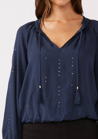 Sequin Long Sleeve Tassel Tie Neck Blouse