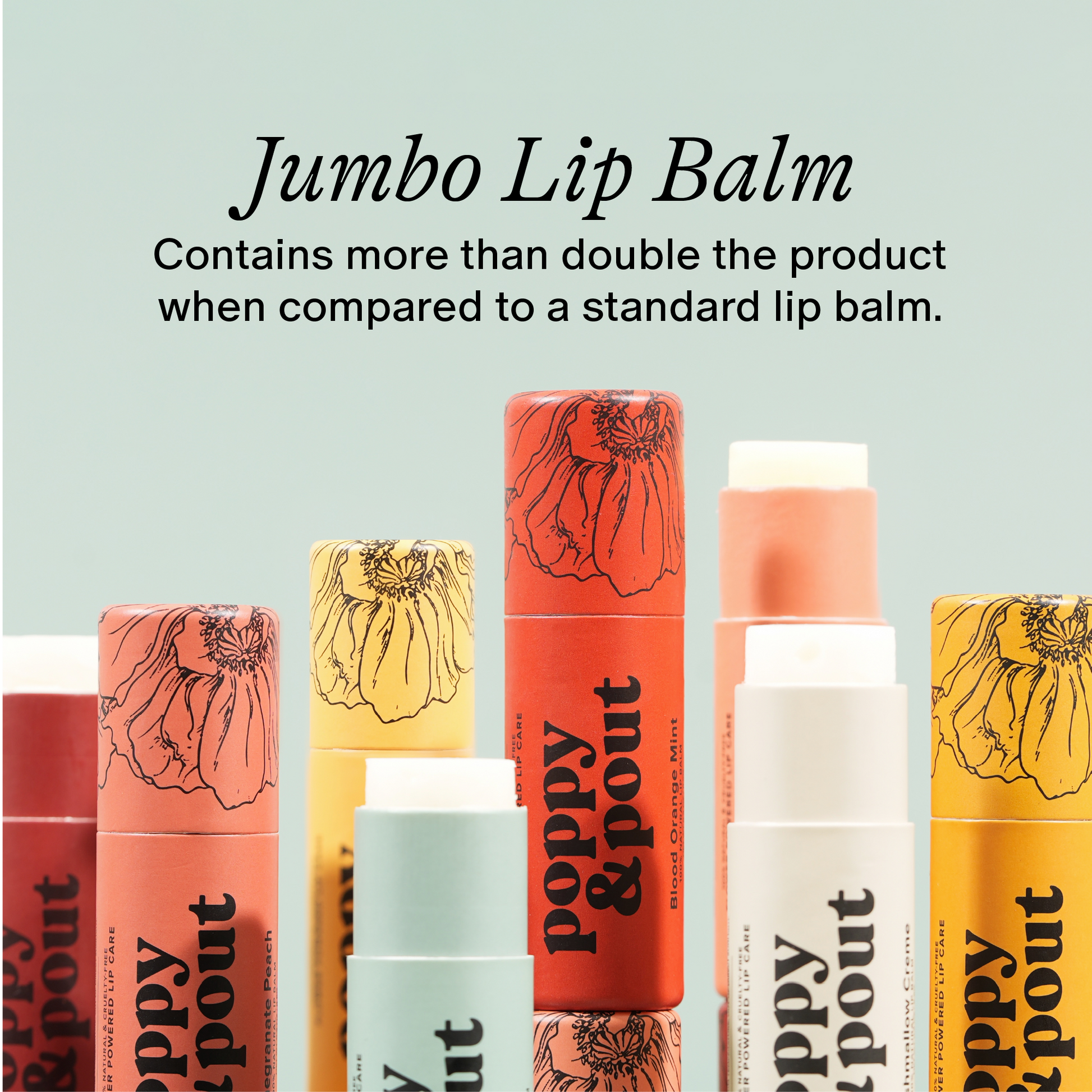 Collection of Jumbo Lip Balms with branding and product description text on a light green background