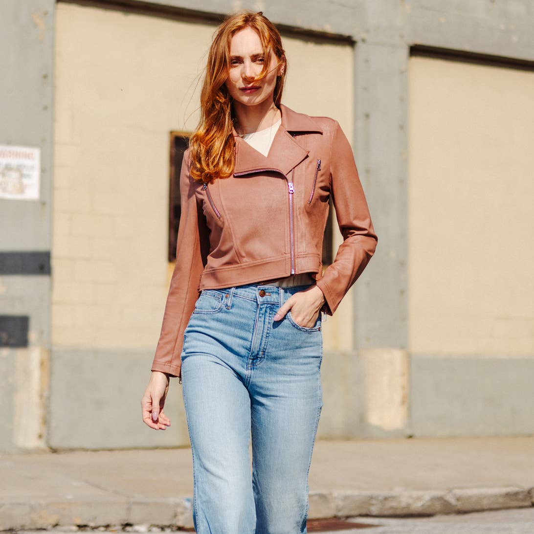 Margaret  - Liquid Leather Zip Cuff Moto Waist Jacket