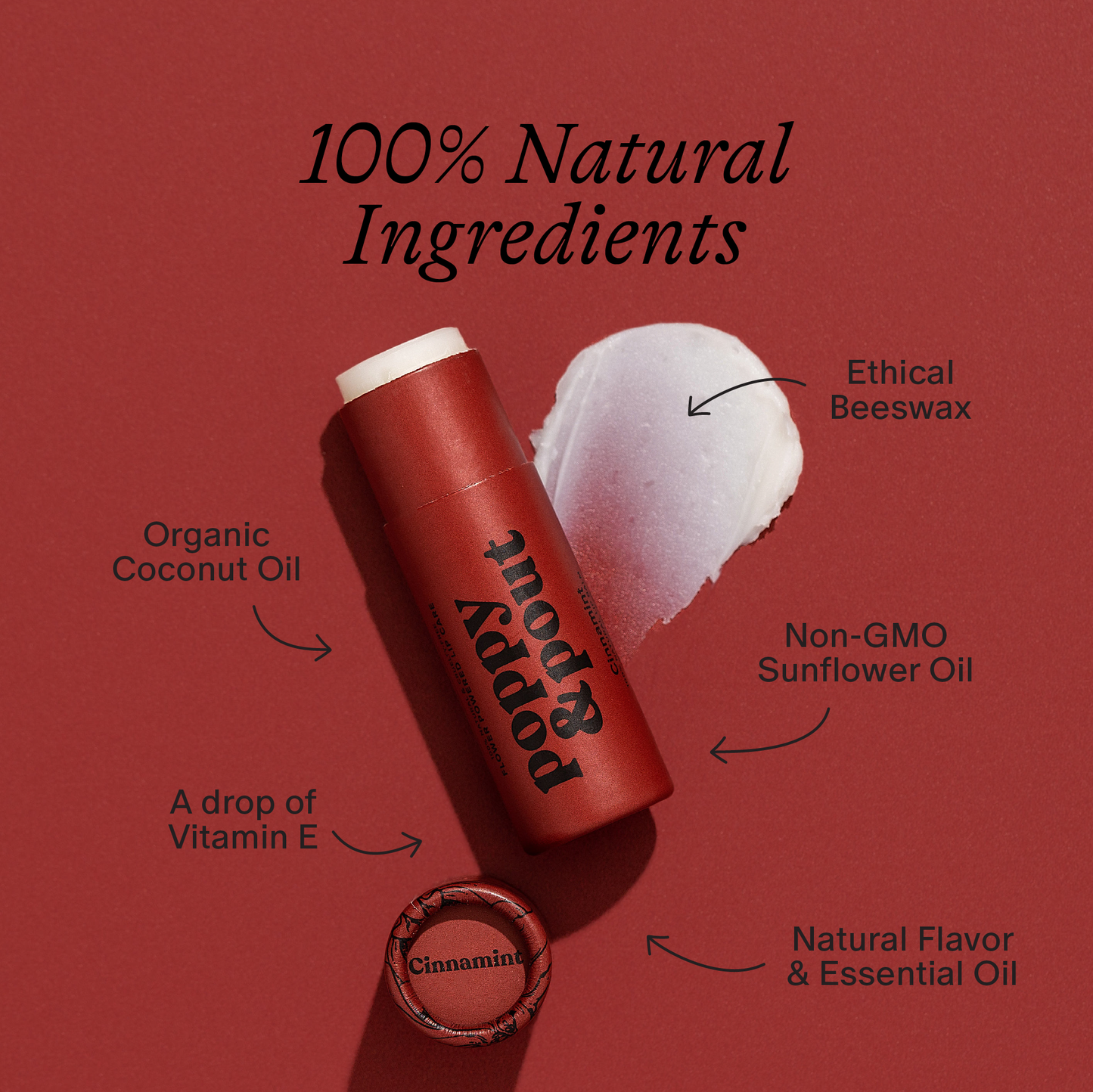 Lip balm with labeled natural ingredients on a red background