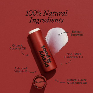 Lip balm with labeled natural ingredients on a red background