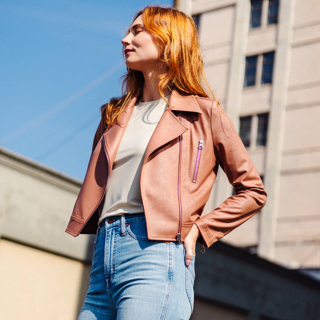 Margaret  - Liquid Leather Zip Cuff Moto Waist Jacket