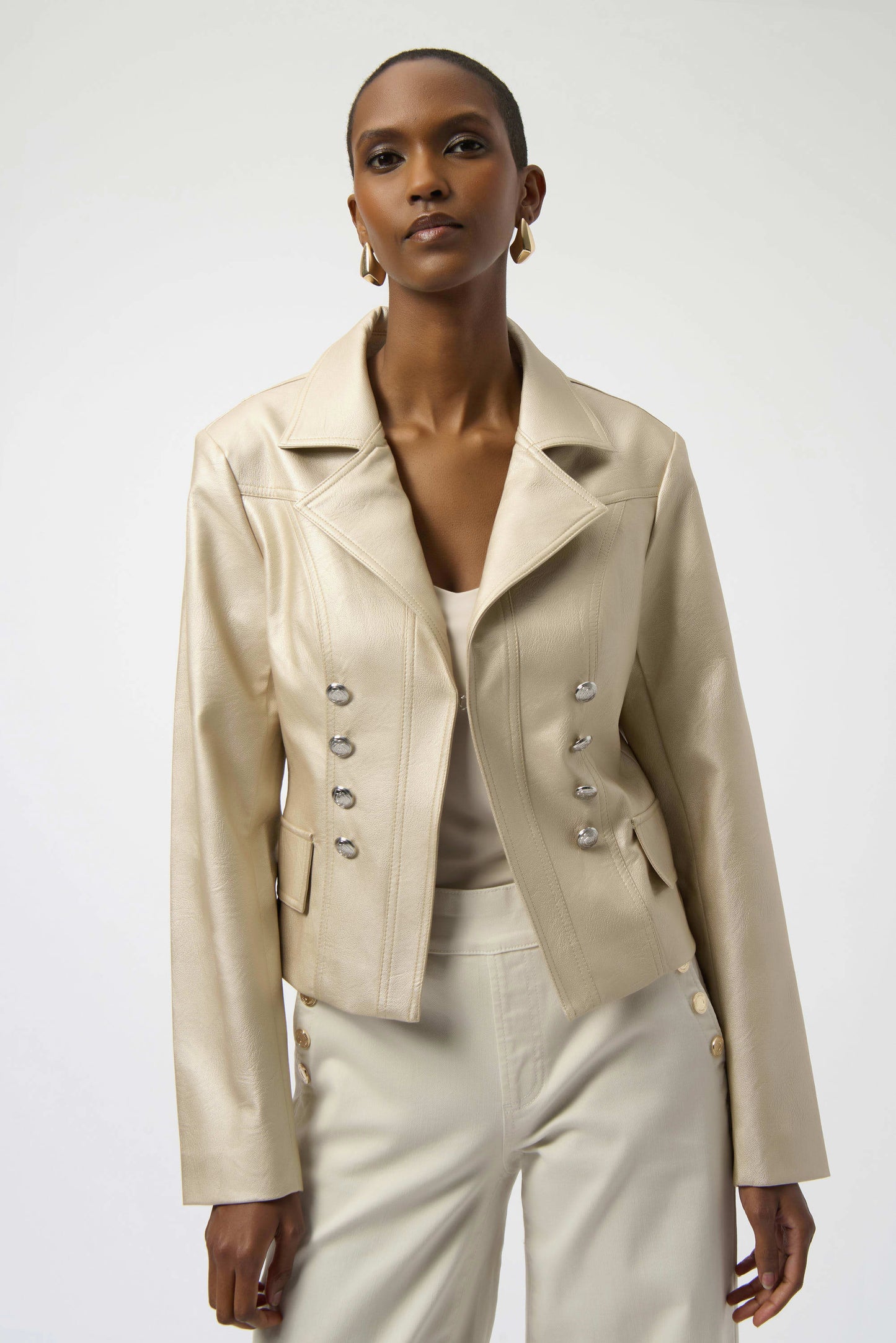 Leatherette Notched Collar Fitted Jacket