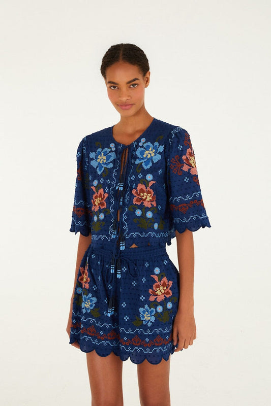 Stitched Garden Dark Blue Blouse