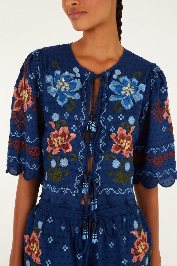 Stitched Garden Dark Blue Blouse