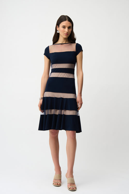 Silky Knit Fit and Flare Dress With Mesh Inserts
