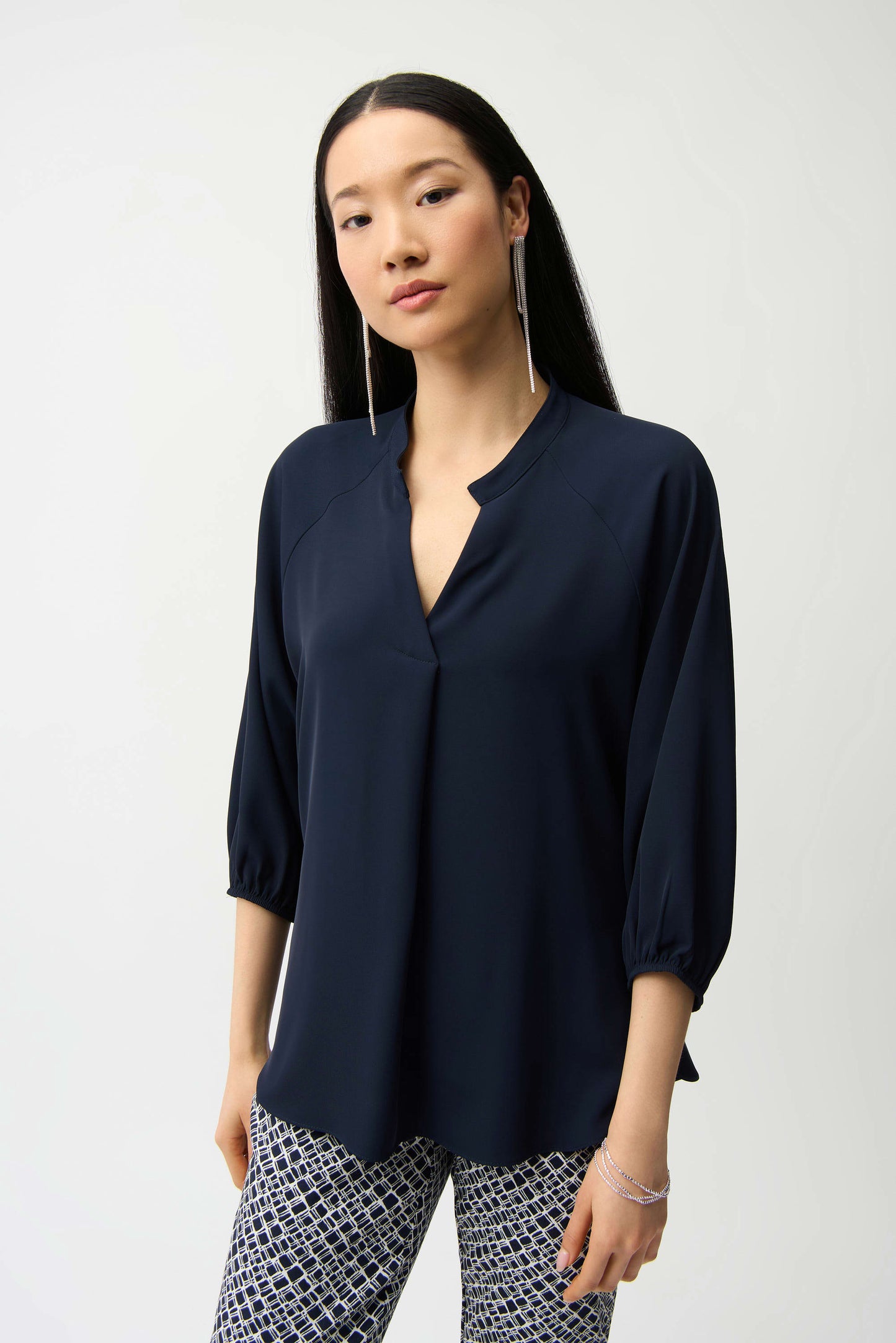 Woven Twill Boxy Top With Mandarin Collar
