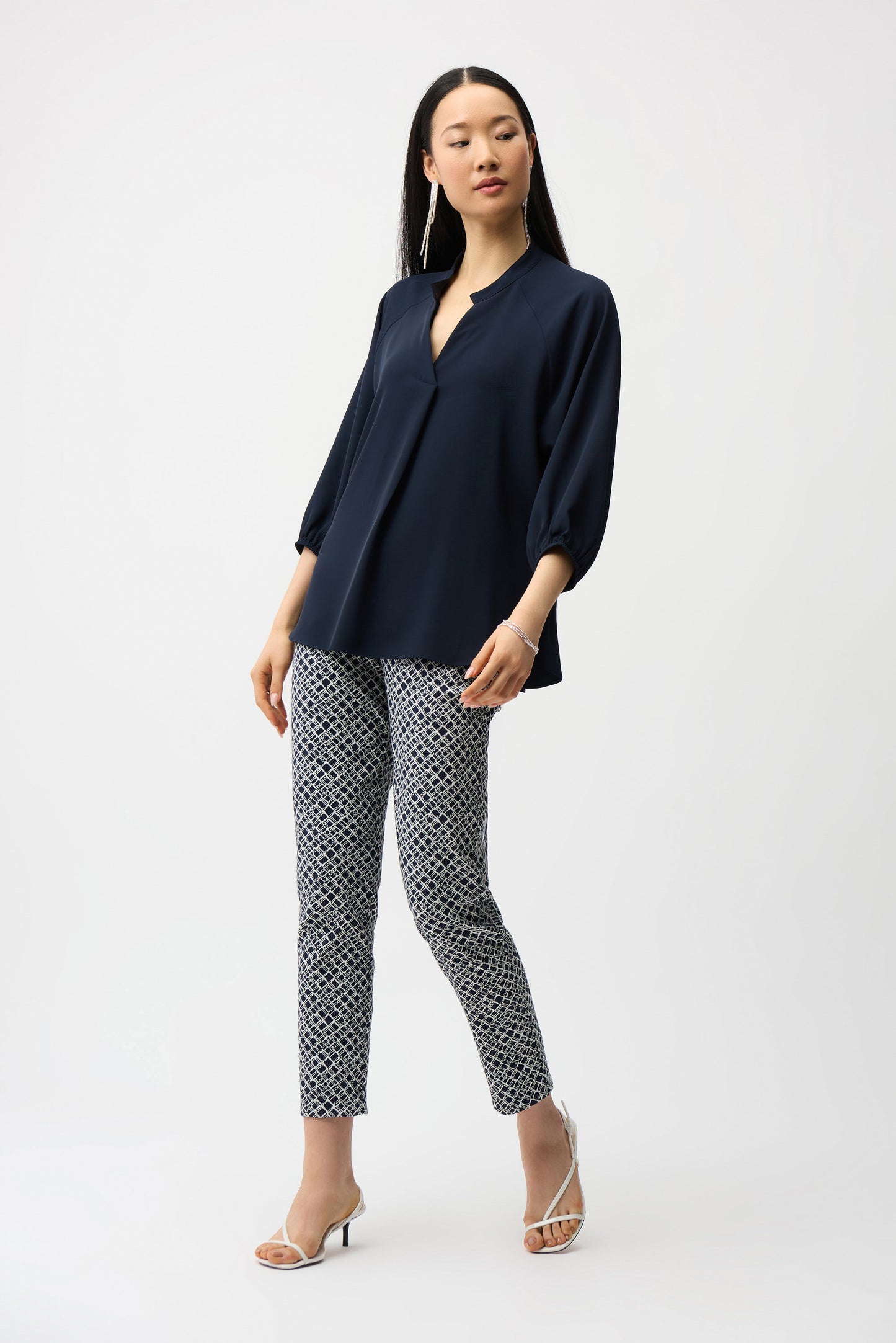 Woven Twill Boxy Top With Mandarin Collar