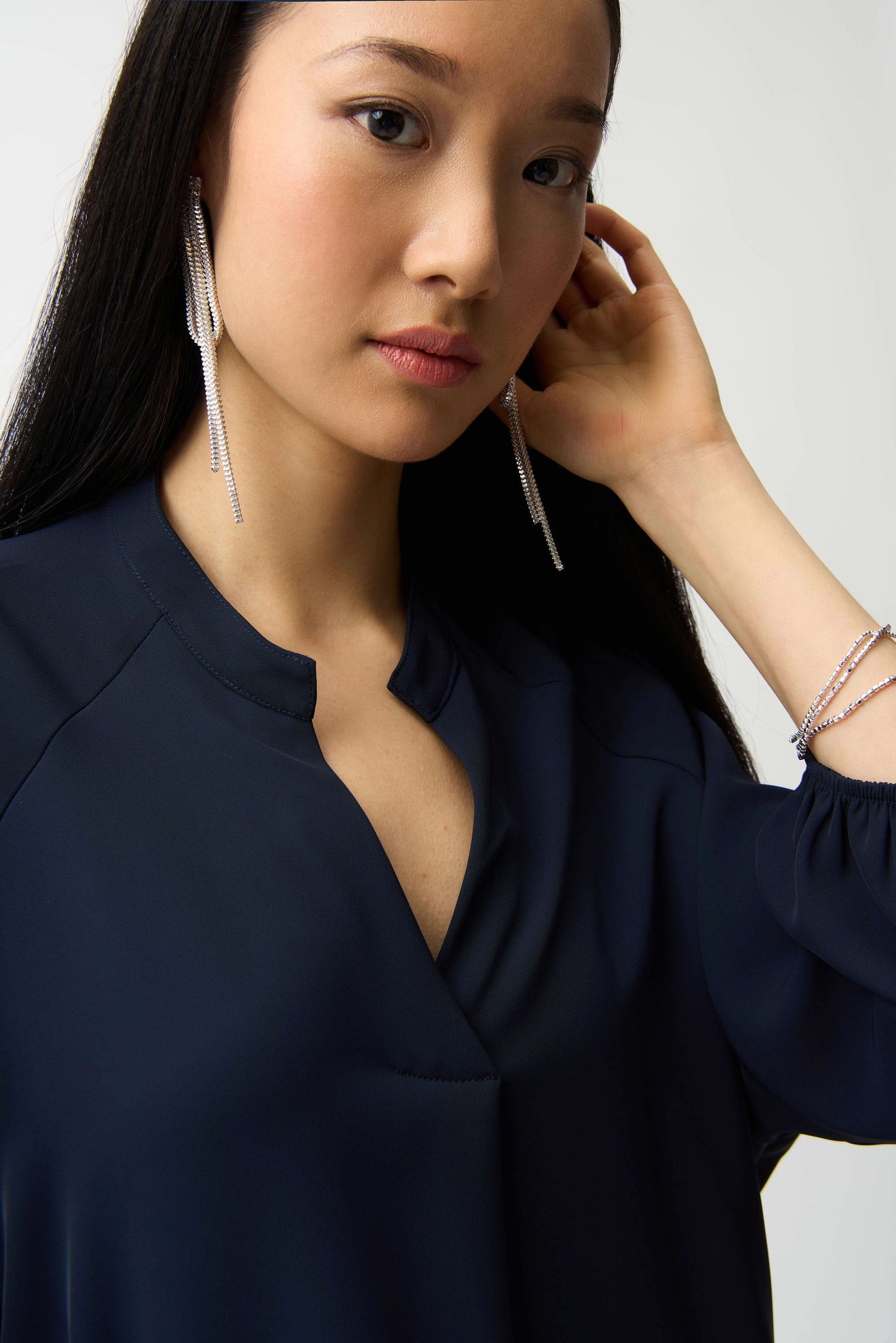 Woven Twill Boxy Top With Mandarin Collar