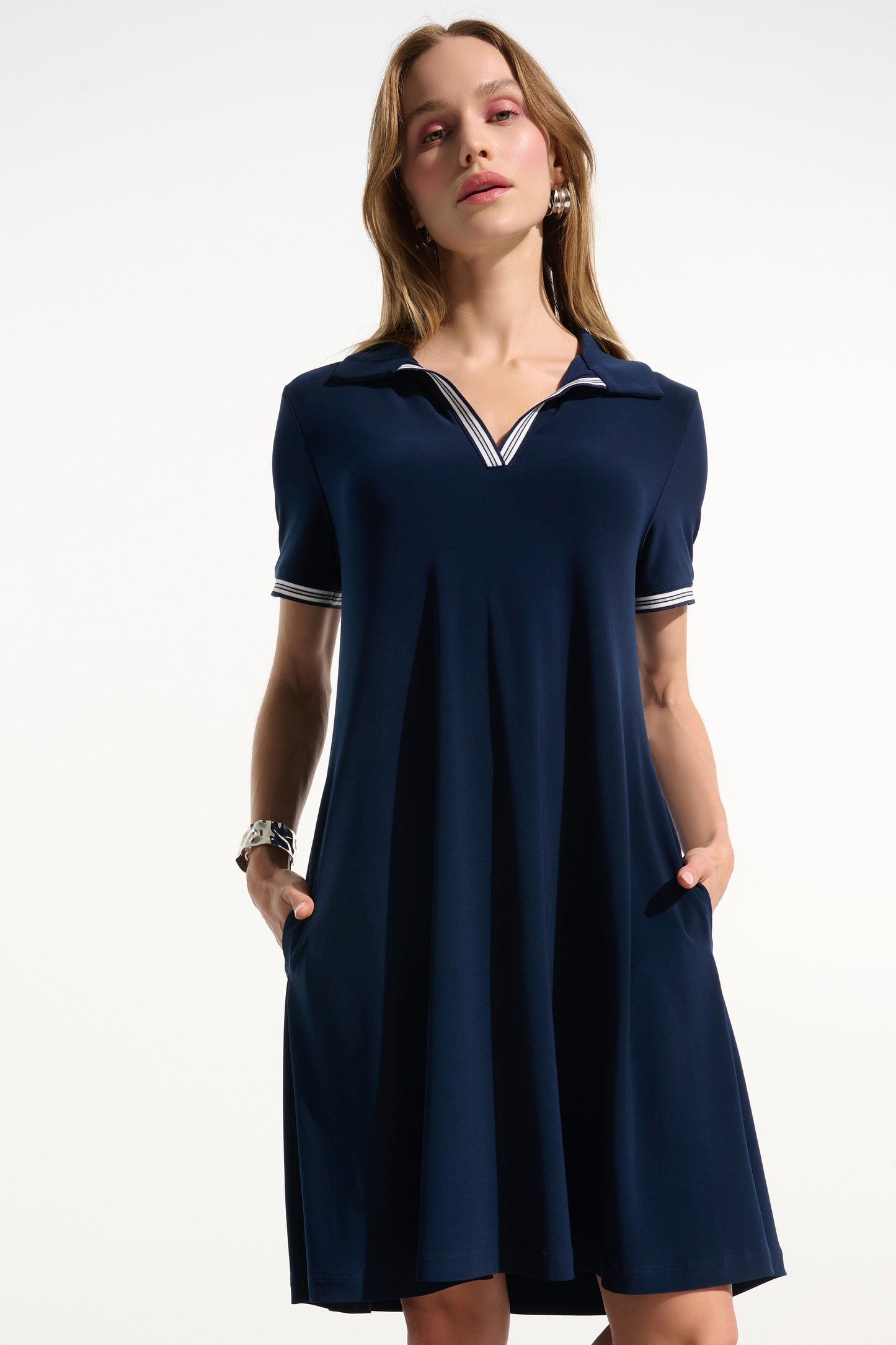 Silky Knit Trapeze Dress With Polo Collar