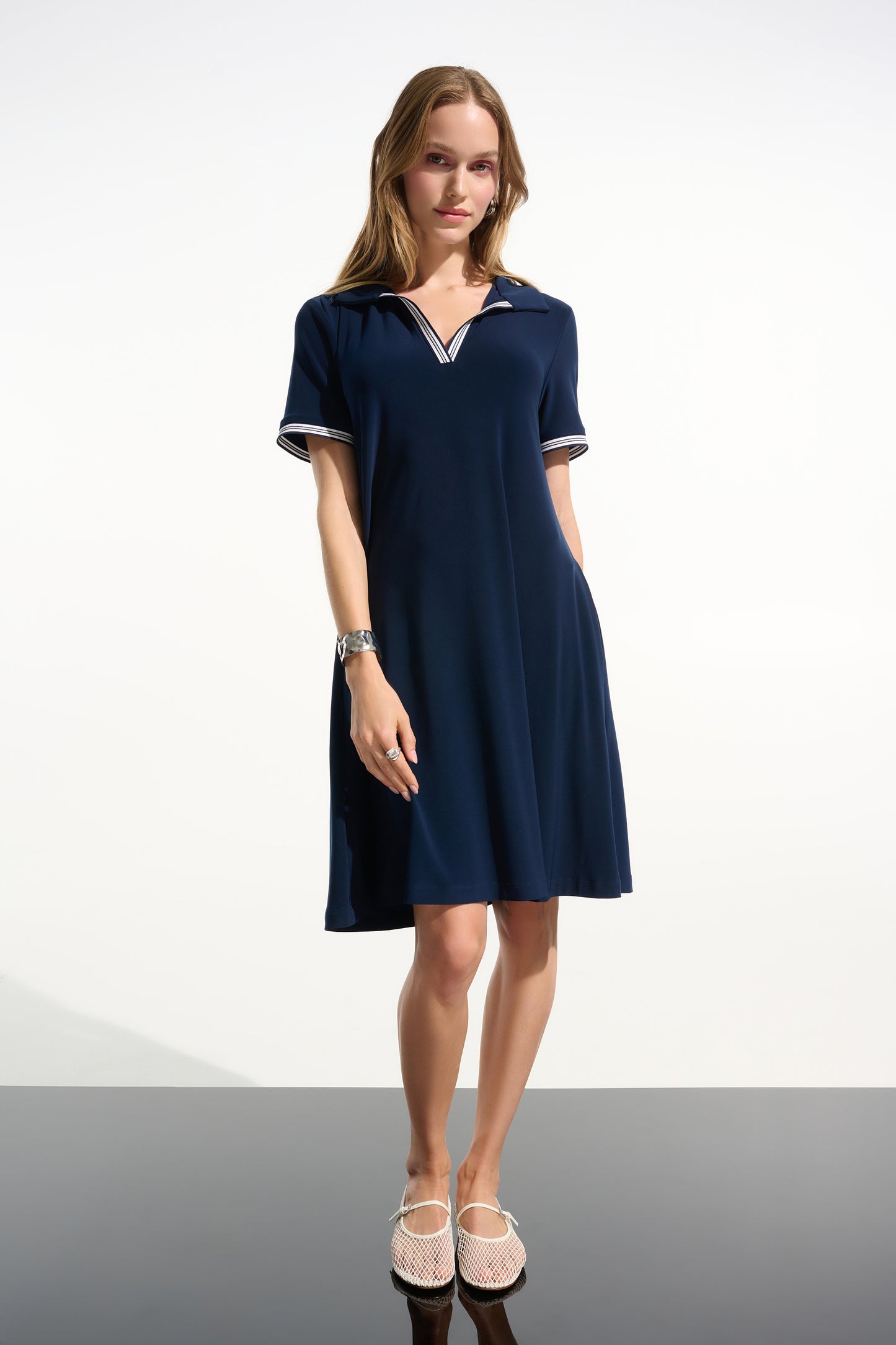 Silky Knit Trapeze Dress With Polo Collar