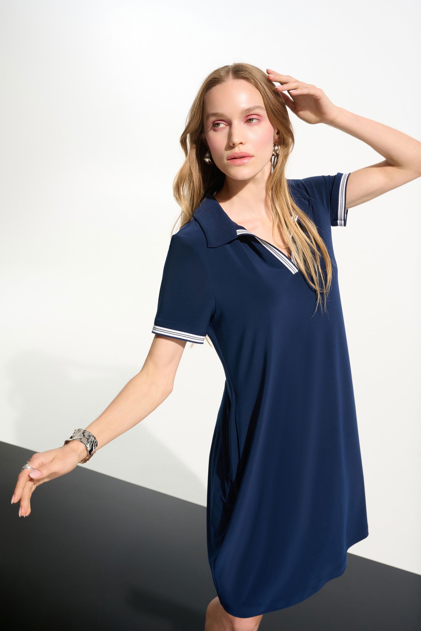 Silky Knit Trapeze Dress With Polo Collar