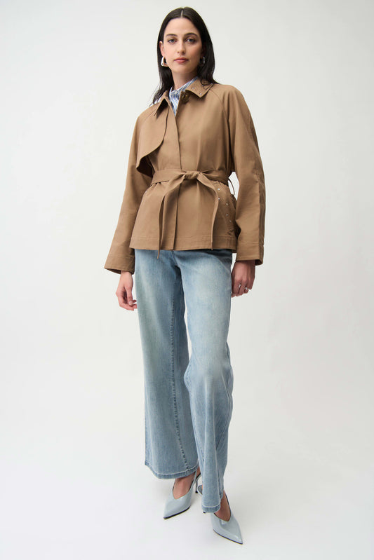 Cotton Twill Short Trench With Belt And Rhinestones Detail