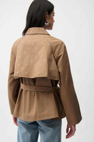 Cotton Twill Short Trench With Belt And Rhinestones Detail