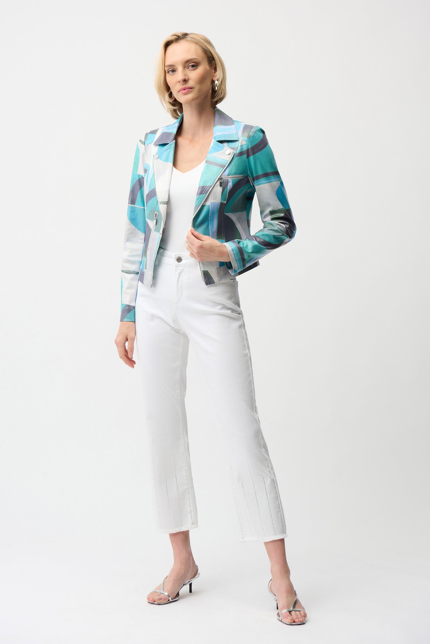 Foiled Faux Suede Geometric Print Fitted Jacket