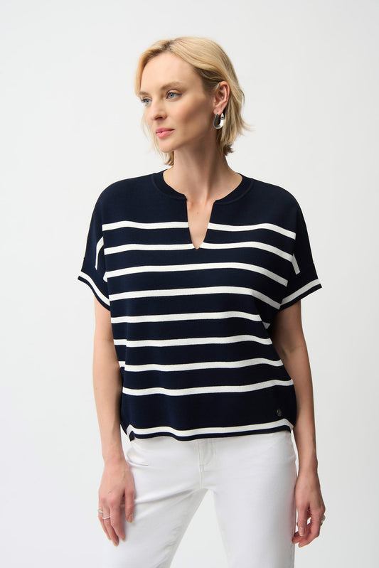 Viscose Blend Stripe Print Short Sleeve Sweater Midnight Blue/Vanilla